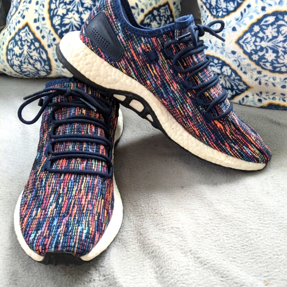 Adidas Mens Pureboost Blue Multicolor Running Walking Shoes Sneakers Size 10.5